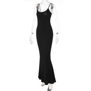 Detail view of a black sleeveless fishtail maxi dress with slim fit and elegant silhouette