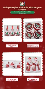 Detailed view of assorted Christmas ornaments including Santa, red boots and festive spheres