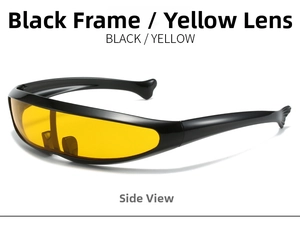 Side view of futuristic wrap-around sports sunglasses with black frames and yellow lenses