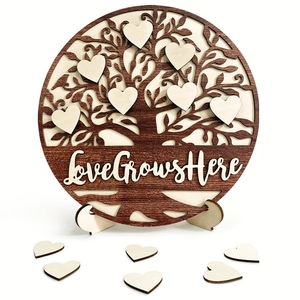 3D hollow wooden family tree ornament with Love Grows Here text and small heart accents