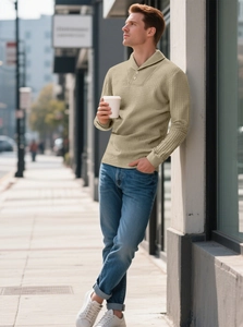 Detail of khaki waffle knit texture on men's long sleeve polo shirt with buttoned collar