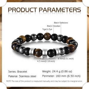 Customized beaded stainless steel bracelet with obsidian, tiger eye, and hematite beads
