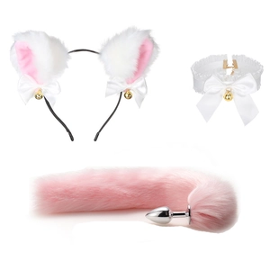 Plush cat ears headband with lace choker and fluffy pink faux fur tail accessory set