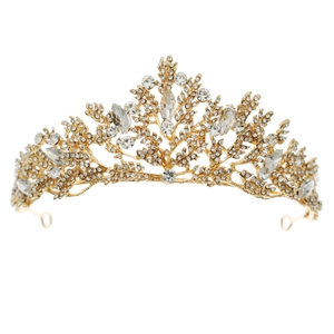 Elegant gold bridal crown with crystal leaves and branches on a white background