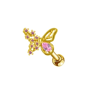 Detailed close-up of golden butterfly earring with pink zircons and teardrop gemstone
