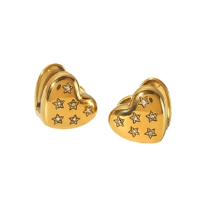 Chic heart-shaped gold titanium steel hoop earrings with sparkling star zircon insets