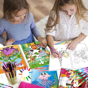 Kids coloring book set featuring animal, dinosaur, and ocean themes with color markers