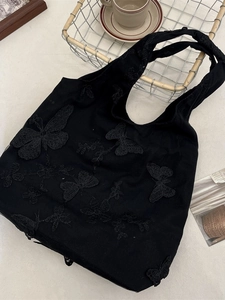 French retro black canvas tote bag with 3D lace butterfly embroidery and large capacity