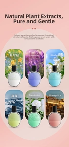 Detailed grid of six assorted fragrance essential oils in elegant glass spray bottles