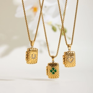 18K gold plated stainless steel rectangle locket necklaces with lucky motifs