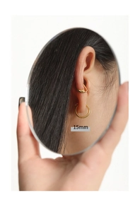 Detail of 15mm minimalist gold hoop earring and ear cuff shown via a mirror reflection