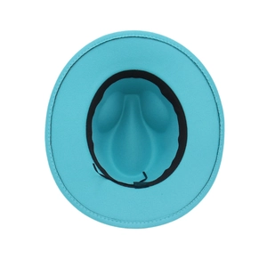 Top view of blue felt fedora hat showing interior black grosgrain sweatband and drawstring