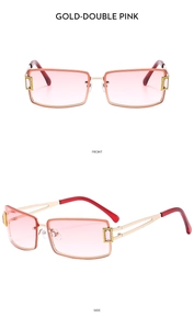 Front and side views of gold rimless rectangular sunglasses with pink gradient lenses