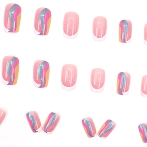 French tip press-on nails with aurora ripple design and colorful wavy patterns