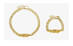 Detailed view of 18k gold plated watch buckle style Cuban chain necklace and bracelet set