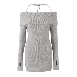 Slim fit light gray off-shoulder rib-knit mini dress with halter neck and thumbhole sleeves
