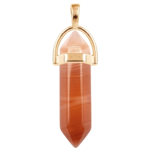 Detailed view of hexagonal orange agate gemstone pendant with polished gold metal setting