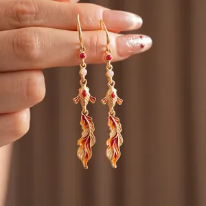 Vintage enamel koi fish earrings with pearls in gold finish for a sophisticated look