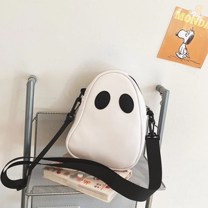 Ghost-shaped PU shoulder bag with cartoon eyes and adjustable black nylon strap
