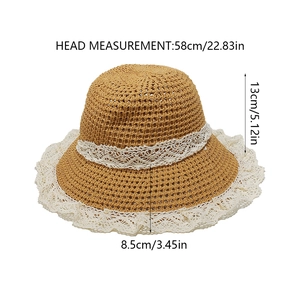 Lace-trimmed straw hat dimensions: 58cm head, 13cm height, and 8.5cm wide brim detail