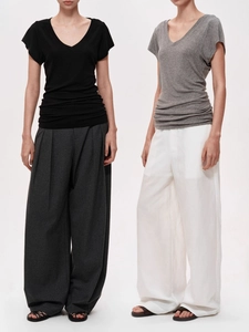 Women High Quality Minimalist V Neck Short Sleeve T-Shirt Slim Fit Collarbone Top Tencel Wool Blend Elegant Solid Color Apparel
