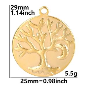 Golden stainless steel Tree of Life pendant with size dimensions and 25mm width