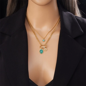 Double layered gold titanium steel necklace with blue turquoise and green gem pendants