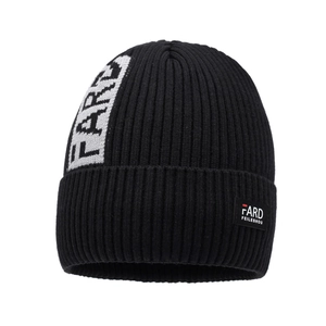 Thick black rib-knit winter beanie with grey FARD lettering and warm lining for men