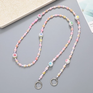 Pink beaded crossbody phone strap with colorful number charms and silver lobster clasps