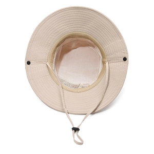 Outdoor khaki sun hat with breathable mesh lining and adjustable chin strap