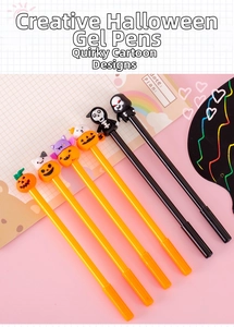 Detail of Halloween gel pens with ghost, pumpkin, and cat toppers on a pink background