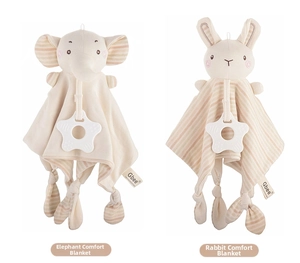 Detail of organic cotton baby security blankets featuring elephant and rabbit with star teether