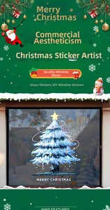 Macro detail of blue Christmas tree window sticker with frosted UV texture and festive design