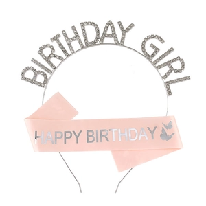 Pink satin birthday sash and sparkling rhinestone tiara set for girls' party celebrations