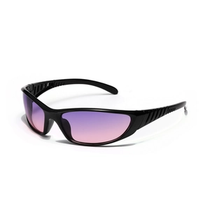Y2K silver futuristic sports sunglasses with black frame and purple gradient lenses