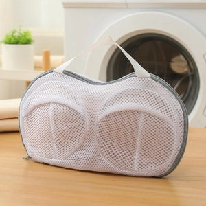 Thickened sandwich mesh bra laundry bag with handle and gray zipper for washing machine