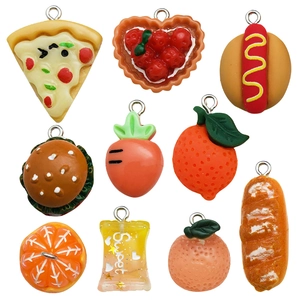 10-piece orange resin charm set with food and fruit designs like pizza and burger