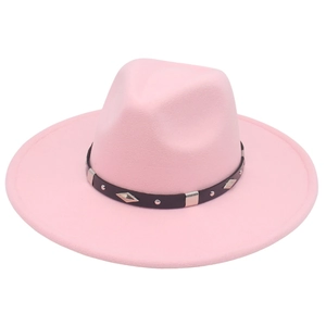 Detailed view of the pink felt jazz hat with black band and diamond metal studs
