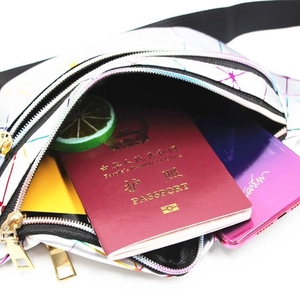 White holographic laser fanny pack with geometric pattern and large capacity main pocket