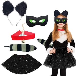 Kids Halloween cat costume set with plush ears, bell collar, mask and tutu skirt