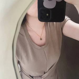 Maillard style tiger eye stone coffee bean necklace set in gold finish on model