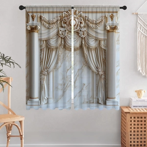 Detail of 3D digital printed curtains featuring white marble texture and gold accents