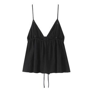 Elegant black drape camisole top with pleated details and thin straps on white background