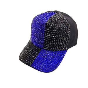 Fashionable unisex baseball cap with blue and black checkered rhinestone embellishments