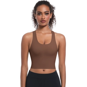 Vue de face d'un soutien-gorge de sport marron sans couture en tissu très élastique