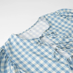 Close-up of blue and white checkered shirt neckline with ruffled collar and tie detail