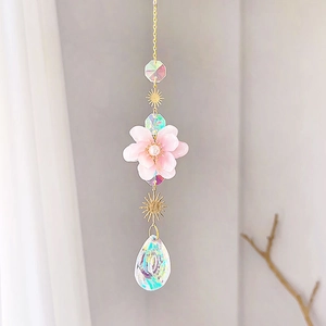 Detail of pink crystal suncatcher with flower charm and hanging teardrop pendant