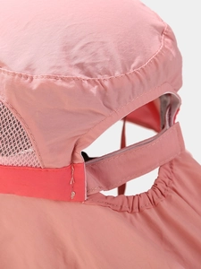 Close-up of pink sun hat featuring breathable mesh, neck flap, and adjustable velcro strap