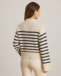 Detailed back view of striped knit sweater with half-turtleneck and ribbed cuffs