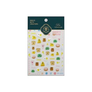 3D cartoon food nail stickers featuring toast and donuts on professional backing card